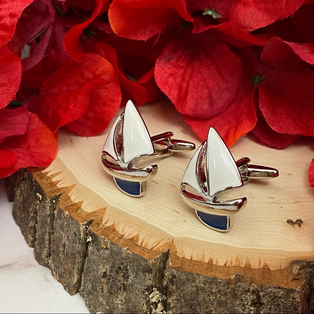 White and Blue Sailboat Cufflinks - Picture 7 of 16